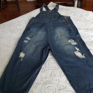 Oversized dropped crotch distressed overall